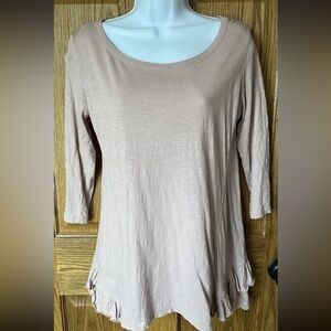 LOGO Lori Goldstein Champagne Scoop Neck 3/4th Sleeve Tunic XS With Ruffles